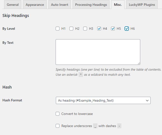 Misc settings of luckyWP plugin