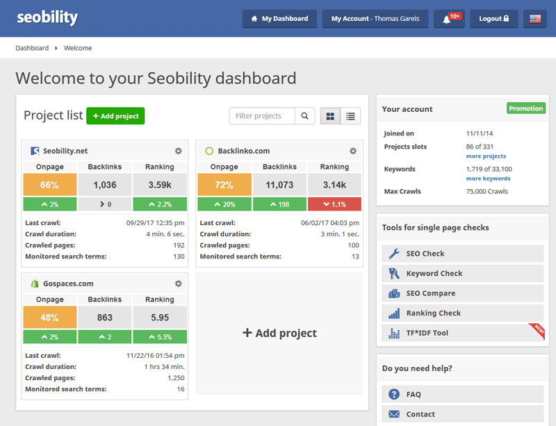 seobility dashboard - Website Ranking Checker