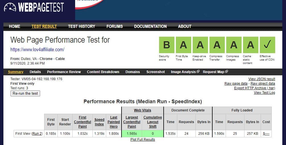 Webpage test report sample image